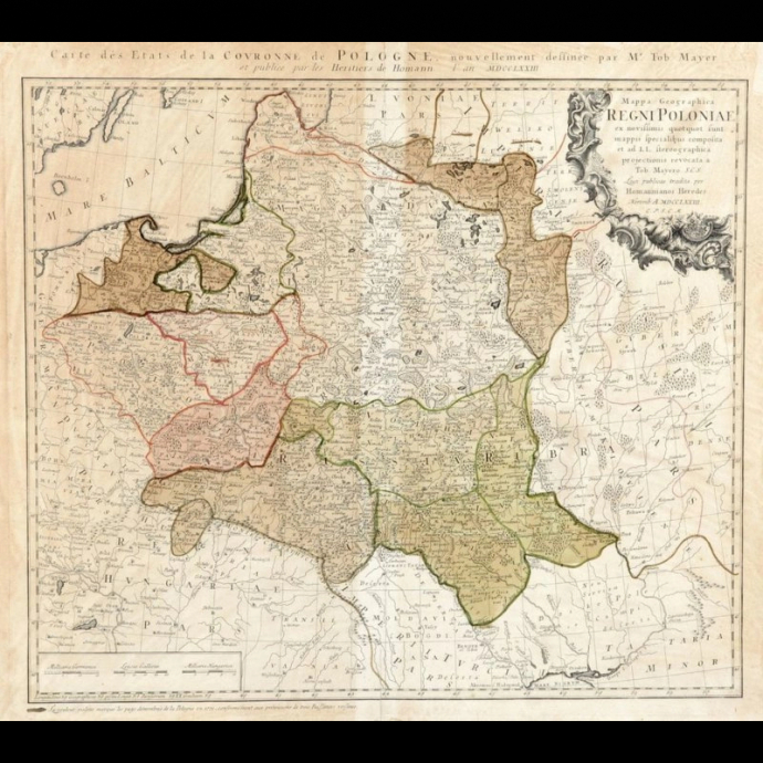 Mapa Polski XVIII w. miedzioryt 65 x 57,5 cm
