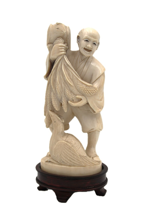 Okimono figura rybaka z kormoranami Japonia